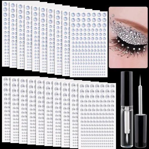 Miniatura 11 de Juego de 12 hojas de calcomanías para la cara, 2 con 7 colores, diamantes de imitación autoadhesivos de forma mixta, con pegamento de maquillaje