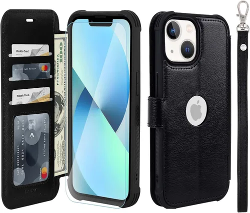 VANAVAGY Funda tipo cartera compatible con iPhone 13 Mini para mujeres y hombres, funda de piel sintética con correa para la muñeca para carga