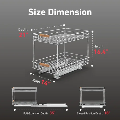 Miniatura 4 de Organizador de armario extraíble Mount Walker (14 pulgadas de ancho x 21 pulgadas de profundidad), 2 estantes deslizantes con asa de madera, estante