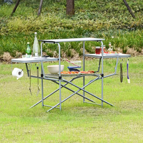 Miniatura 2 de GYMAX Mesa de campamento plegable de aluminio, mesa de parrilla al aire libre con mesa auxiliar, ganchos y bolsa de transporte, mesa de picnic