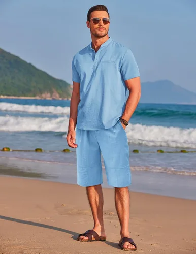 Miniatura 3 de COOFANDY Conjunto de 2 piezas de lino para hombre, camiseta Henley de manga corta y pantalones cortos de verano para la playa y yoga, Azulclaro