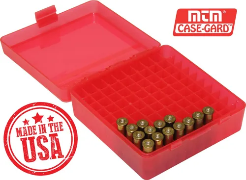 Miniatura 2 de MTM caja para 100 municiones redondas con tapa plegable para pistolas de calibre 38/357 Transparente Rojo