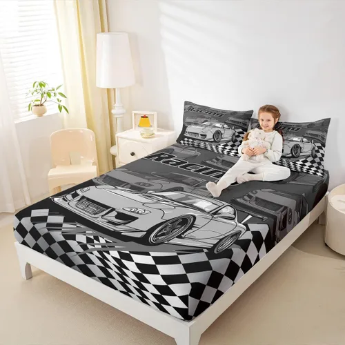 Miniatura 3 de Silver Race Cars - Sábana bajera ajustable para niños, tamaño individual, diseño de bandera de carreras en blanco y negro, decoración de habitación