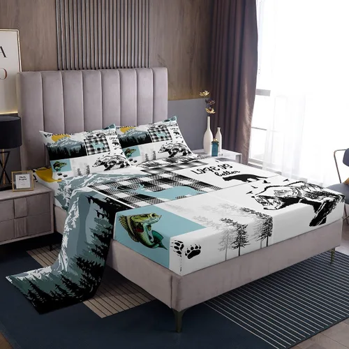 Miniatura 43 de Rustic Lodge - Juego de sábanas tamaño individual con diseño de oso y alce, diseño de retazos, color rojo y negro, a cuadros, ropa de cama de Multi