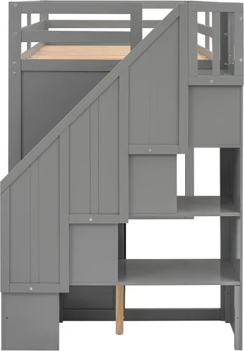 Miniatura 7 de SOFTSEA Cama tipo loft de tamaño individual con escalera de almacenamiento y armario, marco de cama funcional de madera maciza con estantes
