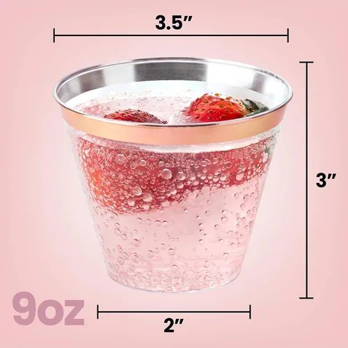 Miniatura 6 de PLASTICPRO 9 onzas Vasos de plástico desechables para fiesta, vasos de diseño antiguo, cristal transparente (transparente con borde de oro rosa, 200)
