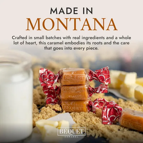 Miniatura 8 de Béquet Caramel - Clásico - Caramelo envuelto individualmente - Caramelo gourmet - Hecho en Montana - Kosher (Estrella D) y sin gluten - Bolsa
