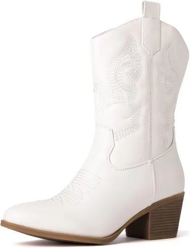 GLOBALWIN Women's Mid Calf The Western Cowgirl Boots Fashion Cowboy Boots For Women Chunky Low Heel