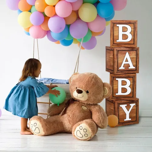Miniatura 4 de BabyWood Cajas de grano marrón – Juego de regalo para bebé de 4 piezas con letras, tema de oso de peluche, decoración de fiesta de revelación