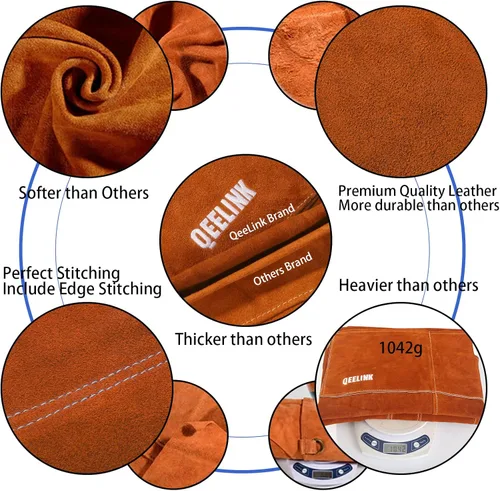 Miniatura 4 de QeeLink Delantal de soldadura de cuero con 6 bolsillos, delantal resistente al calor y al fuego, 24 x 42 pulgadas, ajustable de M a XXXL Marrón