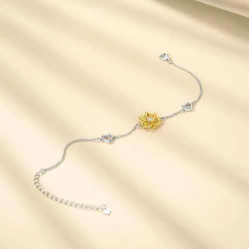 Miniatura 2 de SNZM Pulseras para mujer de plata de ley 925 con diseño de girasol, cadena ajustable con dije de corazón, eslabones de cumpleaños, joyería