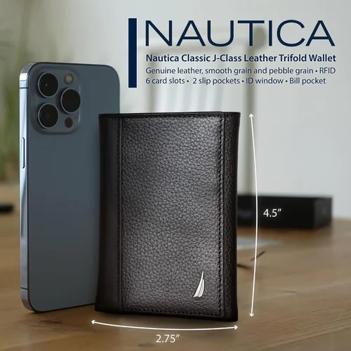 Miniatura 46 de Nautica Men's Trifold Wallet RFID Blocking Protection ID Window Card Slots Genuine Leather Durable