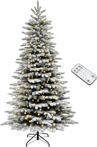 HOMCOM - Árbol de Navidad artificial de pino de montaña preiluminado de 6.5 pies, árbol de Navidad con nieve, árbol de Navidad realista con bisagras