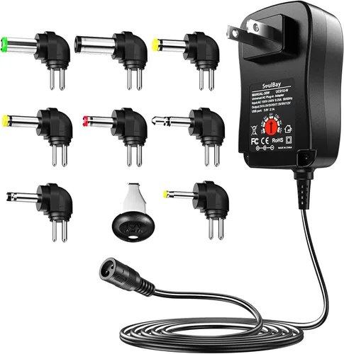 SoulBay Fuente de alimentación universal AC a DC 3V 4.5V 5V 6V 7.5V 9V 12V Adaptador de corriente multivoltaje con 8 enchufes para centro negativo
