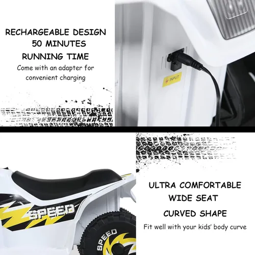 Miniatura 6 de HOMGX - Cuatrimoto para niños, mini cuádruple eléctrico con ruedas antideslizantes, 4 ruedas alimentadas por batería de 6 V para niños con 2 Blanco