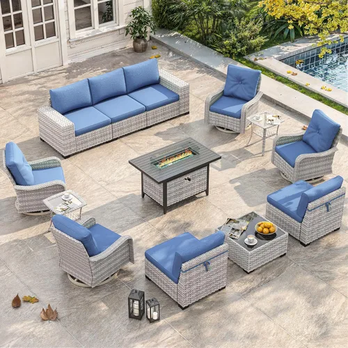 Miniatura 24 de Juego de muebles de mimbre para patio al aire libre de 3 piezas, sillas de patio giratorias mecedoras con respaldo alto con cojines gruesos de 4
