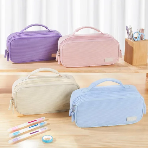 Miniatura 7 de Sooez Estuche grande para lápices, estuche de pana suave con asa, bonito estuche para bolígrafos, 5 compartimentos, organizador de amplia apertura