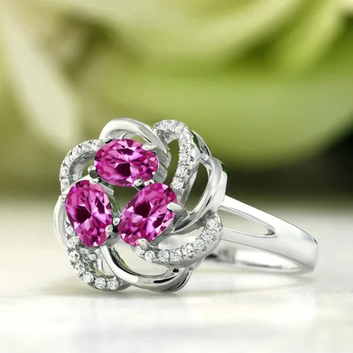 Miniatura 106 de Gem Stone King Flower Blossom Gemstone Birthstone Ring in 925 Sterling Silver 3-Stone Oval 6X4MM with Sparkling Accents Wedding Anniversary