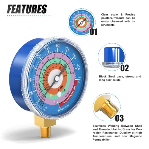 Miniatura 5 de MEANLIN MEASURE Medidor de presión para refrigeración, 1/8" NPT, 30 in HG a 250Psi, 2-3/4" dial, R-404A, R-22, R-410A, grado F, con 1/4" NPT y 3/8