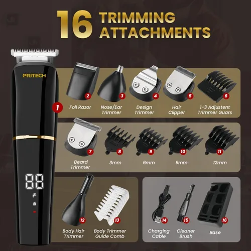 Miniatura 5 de PRITECH - Cortadora de barba para hombre, kit de aseo inalámbrico 6 en 1, resistente al agua, IPX6, afeitadora para hombre con maquinilla de Negro