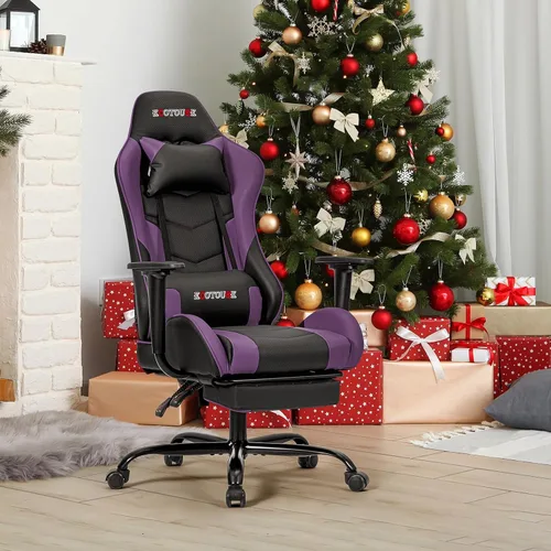 Miniatura 14 de Silla de masaje para juegos con reposapiés, silla ergonómica de PC con respaldo alto con reposacabezas y lumbar, silla giratoria de PU para Negro