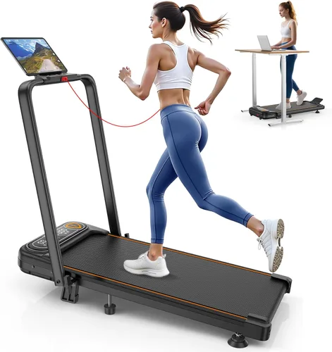 Trisomy - Caminadora plegable con 10% de inclinación, 3.5 HP de bajo ruido con barra de asa, cinta de correr portátil 4 en 1 para debajo del