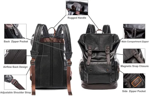 Miniatura 4 de HuaChen Mochila para portátil de cuero PU,Mochila de viaje vintage para la universidad,Mochilas casuales grandes para hombres - YZ11_Negro