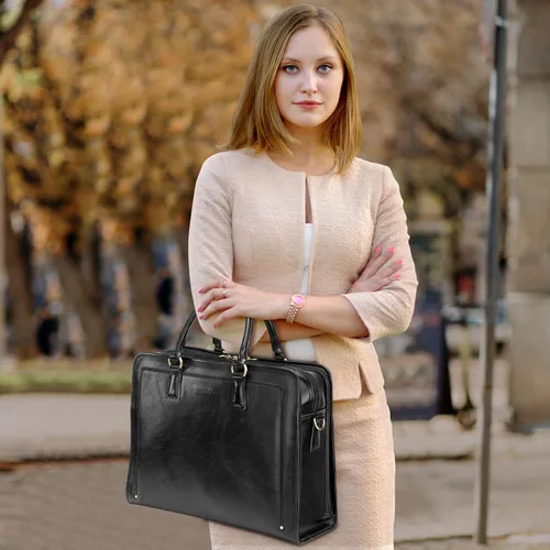 Miniatura 2 de Banuce Maletín de cuero italiano de granos completos genuinos para mujeres, bolsa de trabajo para computadora portátil de 15.6 pulgadas, color negro