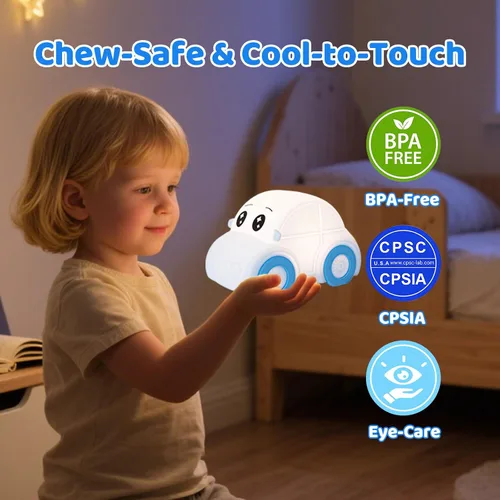 Miniatura 7 de Linda luz nocturna para bebés y niños en forma de coche, regulable+1800mAh recargable+temporizador+portátil+de silicona+esponjosa, lámpara de noche