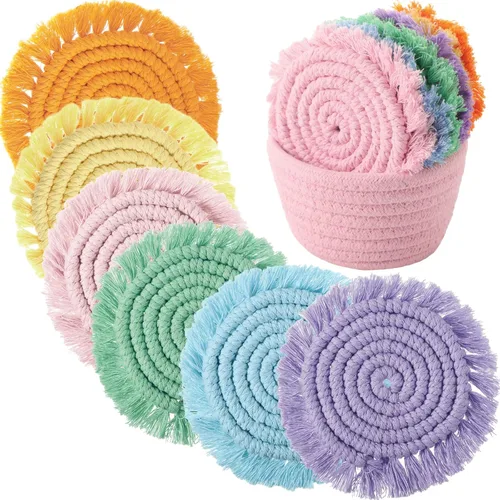 Miniatura 10 de Juego de 6 posavasos de algodón tejido bohemio absorbente con soporte para casa de campo, borla de macramé, regalo de inauguración de la casa