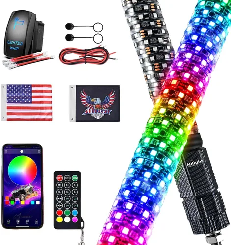 Miniatura 16 de Nilight 2 luces LED RGB en espiral de 3 pies con base de resorte, luz de persecución RF, control remoto, látigos de antena iluminados para Can-Am