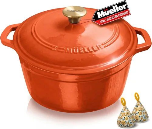 Miniatura 32 de MÜELLERHOME Horno holandés de hierro fundido esmaltado, 6 cuartos de galón, resistente, cazuela con tapa y perilla de acero inoxidable, para todas