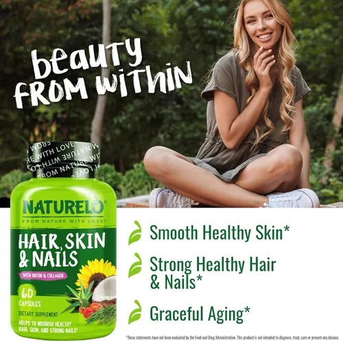 Miniatura 4 de NATURELO Vitaminas para el cabello, la piel y las uñas, 5000 mcg de biotina, colágeno, vitamina E natural, suplemento para piel sana, crecimiento
