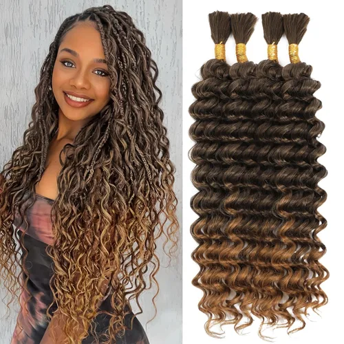 Miniatura 54 de Mezcla de cabello humano trenzado sintético bohemio para trenzar, 16 pulgadas de onda profunda a granel para trenzas bohemias, 2 piezas de cabello 1b