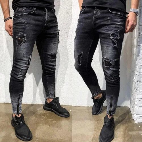 Miniatura 2 de Pantalones de entrenamiento con cremallera para hombre con bolsillo, pantalones de mezclilla elásticos ajustados para hombre, desgastados, rasgados