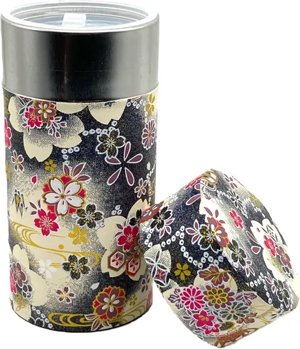 Miniatura 2 de 野口熊太郎茶園 Bote de té japonés Hanatsudumi (tambor de flores) azul oscuro negro/doble tapa/papel washi japonés pegado/7.05 oz capacidad de té/hojas