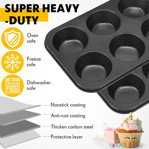 Miniatura 3 de Blushtier Paquete de 6 moldes antiadherentes para hornear magdalenas, moldes para magdalenas, lata de acero al carbono dorado para hornear