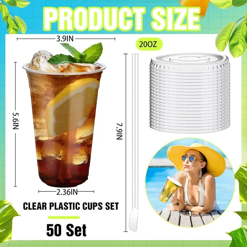 Miniatura 2 de Eaasty Juego de 50 vasos de plástico transparente de 20 onzas con cuchara, pajitas y tapas planas, desechables, para café helado, postre, yogur
