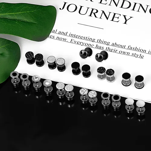 Miniatura 6 de ONESING 12 pares de aretes falsos de calibre para hombres, acero inoxidable, aretes de aro para hombres, aretes redondos, con calibres falsos