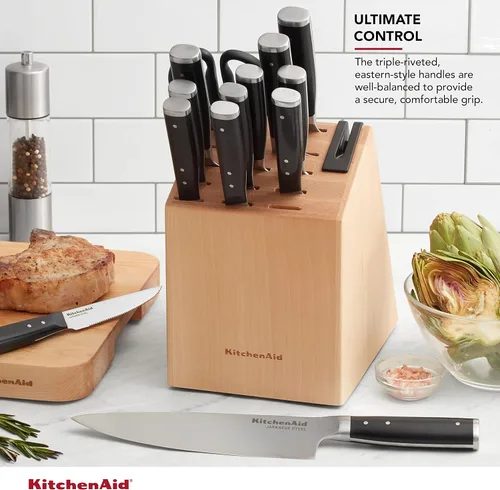 Miniatura 3 de Juego de bloque de cuchillos KitchenAid Gourmet con triple remache forjado con afilador de cuchillos integrado, cuchillos de cocina de acero