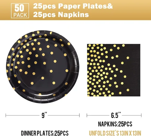 Miniatura 2 de Platos de papel negro y dorado, paquete de 50 unidades, 25 platos de papel de 7 pulgadas y 25 servilletas de 6.5 pulgadas, platos negros y Negro