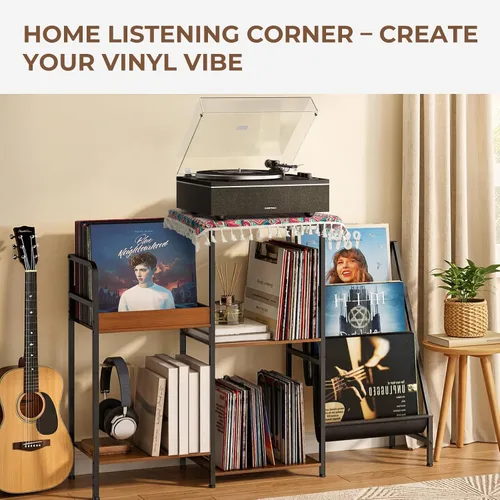 Miniatura 6 de Qlearsoul Soporte para discos de vinilo, mesa para tocadiscos de 3 niveles con almacenamiento izquierdo y derecho para sala de estar y dormitorio