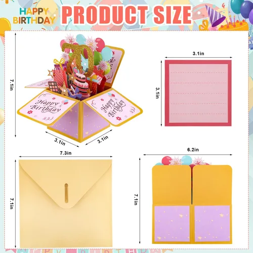 Miniatura 2 de PEUTIER Tarjeta desplegable de feliz cumpleaños, tarjeta creativa de cumpleaños 3D con sobre clásico y nota de escritura, caja desplegable de feliz