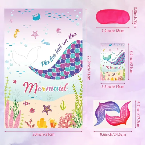 Miniatura 2 de Juego de fiesta de cumpleaños de Hooqict Coloca la cola en la sirena Juego de fiesta bajo el mar Favores para niños Suministros de decoración