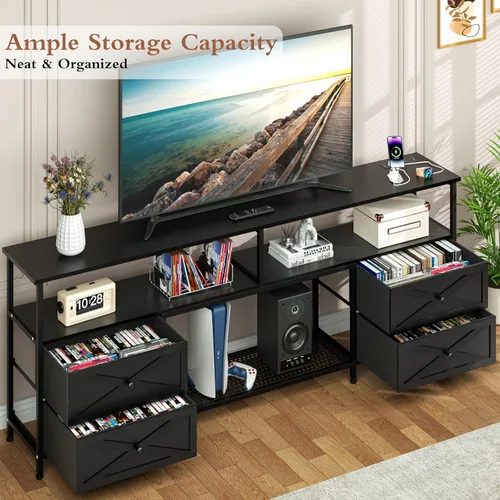 Miniatura 6 de JUSTOGO Soporte de TV con cajones de tela para TV de 65, 70, 75 pulgadas, centro de entretenimiento con estante de almacenamiento abierto, tomas