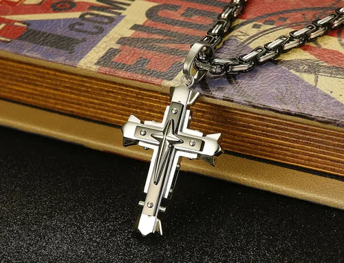 Miniatura 5 de LOLIAS Collar con colgante de cruz de acero inoxidable de 0197in para hombre cadena bizantina de 22 a 30 pulgadas