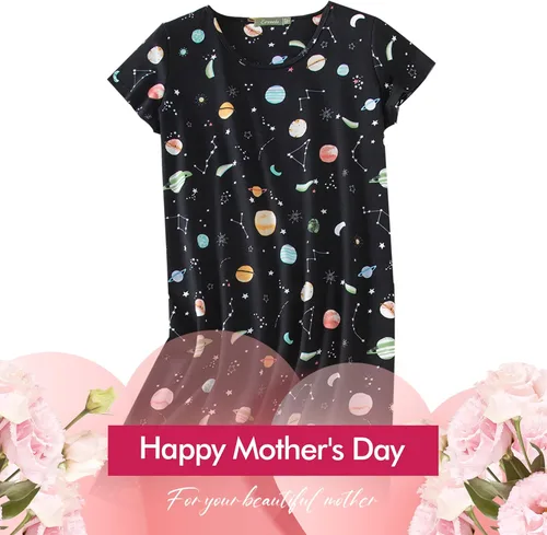 Miniatura 2 de Inadays Camisón de algodón para mujer, ropa de dormir de manga corta, camisón casual con estampado, pijama holgado y cómodo