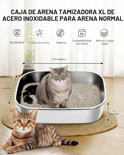 Miniatura 2 de Caja de arena tamizadora de acero inoxidable con tapa, bandeja de arena de metal con pala para gatos grandes y múltiples gatos, caja de arena