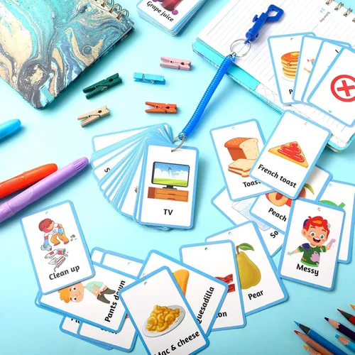Miniatura 6 de Equsion 81 tarjetas de comunicación para autismo, tablero de comunicación no verbal, tarjetas para autismo con cordón de resorte de plástico Azul