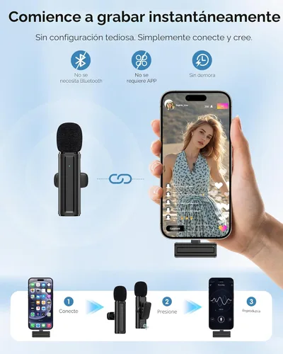 Miniatura 7 de Mini micrófono inalámbrico para iPhone, iPad, Android, paquete de 2 micrófonos Lavalier con clip giratorio de 360°, micrófono USB-C con reducción